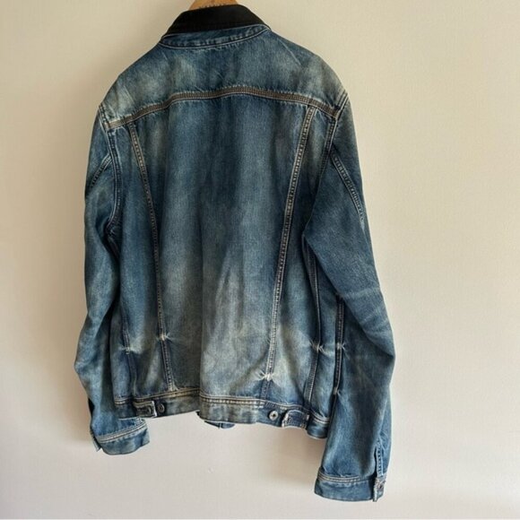 DIESEL Elshar Denim Distressed Jacket Blue Cow Leather Collar Biker - Picture 5 of 15